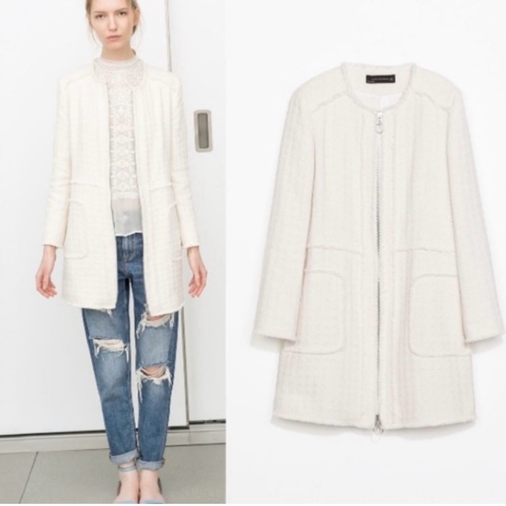 ZARA Tweed Fringe Textured Full Zip Long‎ Coat Ivory Cream Women’s XS